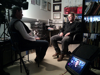 Garnet Hertz being interviewed by Discovery Channel Canada.