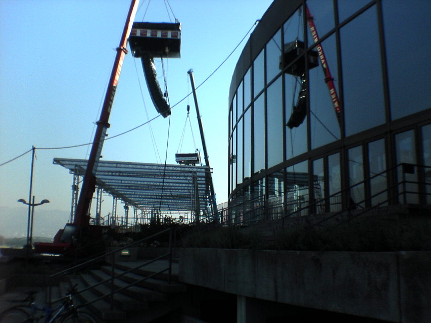 on the danube side of the brucknerhaus, directly outside the window of the roachbot demos